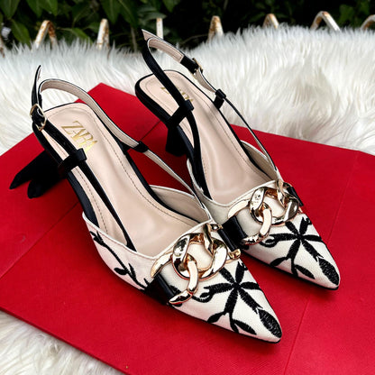 Zara Embroidered Chain Decor Pumps