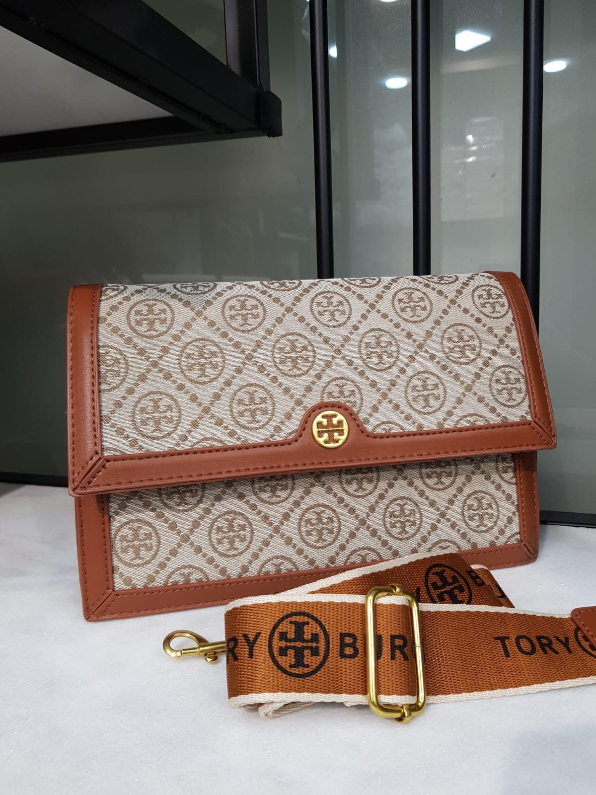 T MONOGRAM JACQUARD MINI CROSSBODY BAG IN TORY NAVY