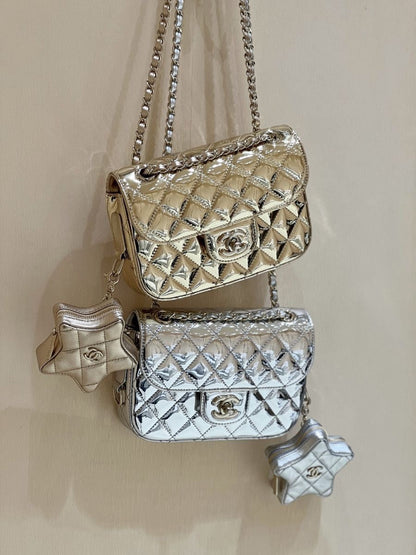 24C Chanel Mirrored Metallic  Backpack With Star Coin Purse