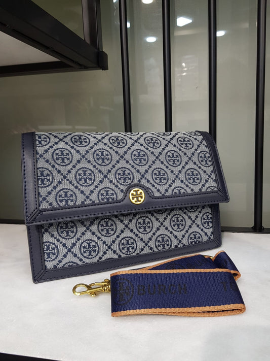 T MONOGRAM JACQUARD MINI CROSSBODY BAG IN TORY NAVY