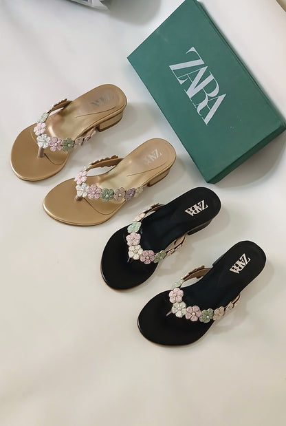 Zara Floral Strap Kitten Heel Mules